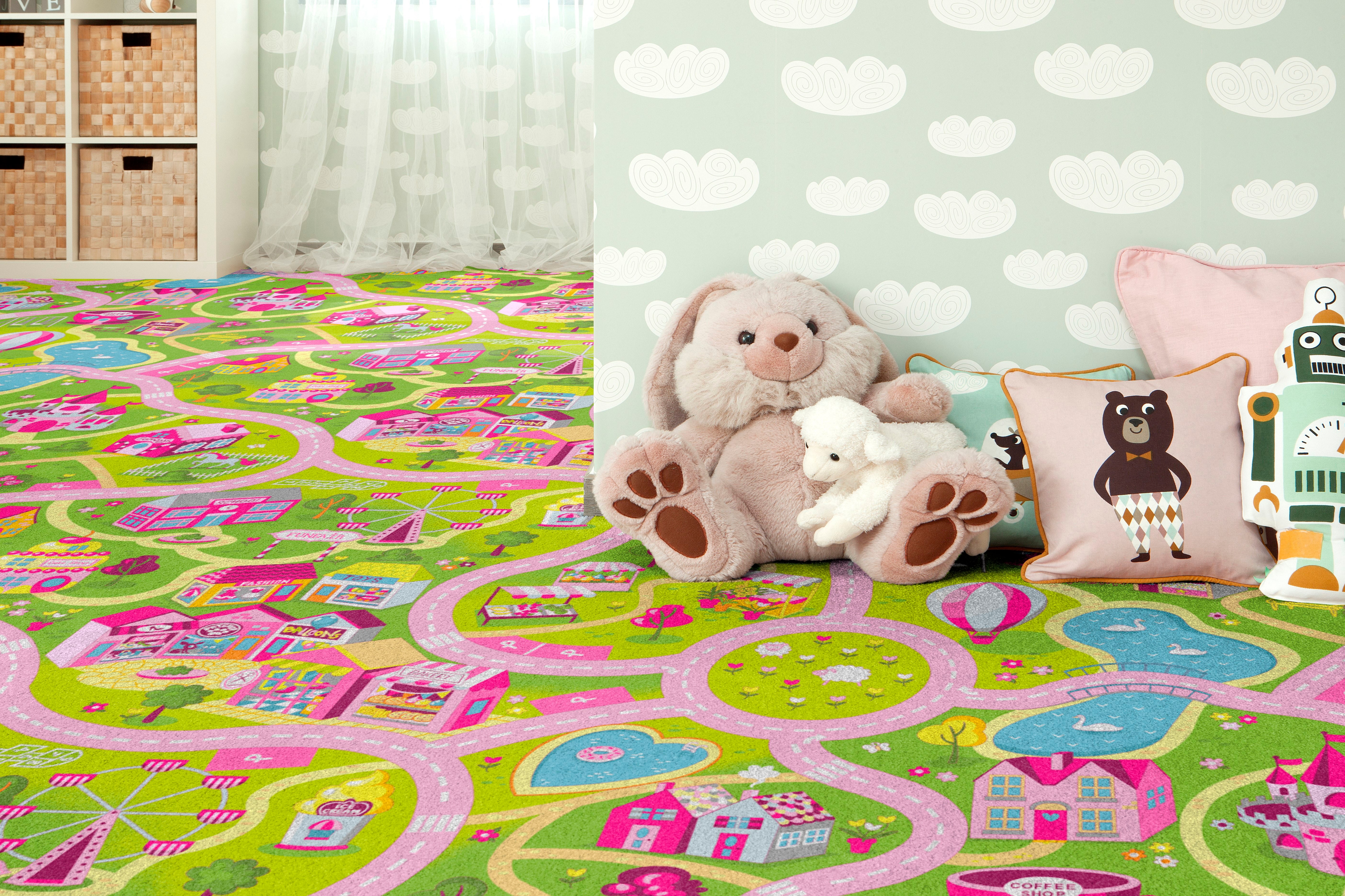 Teppichboden ANDIAMO "Sweet Towny, Schlinge, Made in Belgium", pink, B:400cm H:6,5mm L:700cm, Kunstfaser, Teppiche, bedruckt, Spielteppich, Breite 400 cm, Motiv Straße, Kinderzimmer