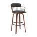 Wiz 30 Inch Barstool Chair, Slatted Back, Black Faux Leather, Walnut Brown