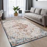 GlowSol 8 x 10 Floral Print Area Rug Oriental Rug Persian Medallion Distressed Rug Soft Chenille Foldable Thin Floor Cover for Living Room Bedroom Beige/Red