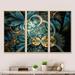 DESIGN ART Designart Symmetrical Blue Gold Fractal Flower Floral Framed Art Prints Set of 3 - 4 Colors of Frames 48 in. wide x 32 in. high - 3