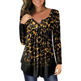 Comfy Flowy Pleated Long Shirt Long Sleeve Shirts Tunic Tops to Wear with Leggings Plus Size Tops for Women Dressy Henley Ombre Floral Graphic Black L