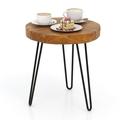 Topbuy Solid Recyle Teak Wood Side Table Indoor Outdoor Round Side Table w/ Metal Legs Solid Wood Patio Table