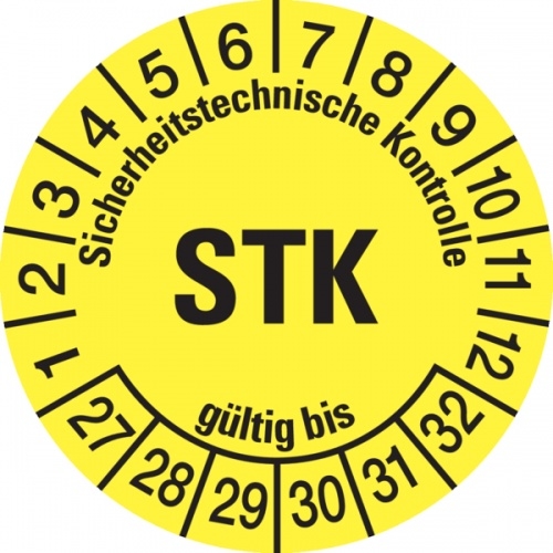 König Werbeanlagen Prüfplakette ab 27, STK, gelb/schwarz, Folie, Ø 30 mm - Bogen = 10 Plaketten - 30 mm Folie selbstklebend Image