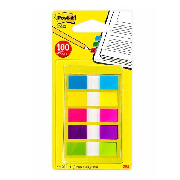 Post-it Index-Haftstreifen Rechteckig 1,19 x 4,32 cm Blanko Farbig sortiert 20 5 Stück à 20 Streifen