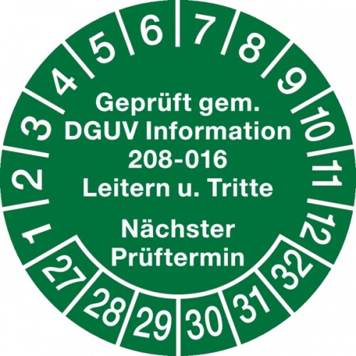 König Werbeanlagen Prüfplakette ab 27, DGUV Information 208-016 Nächster Prüftermin, grün/weiß, Ø 30 mm - Bogen = 10 Stk. - 30 mm Folie selbstklebend Image