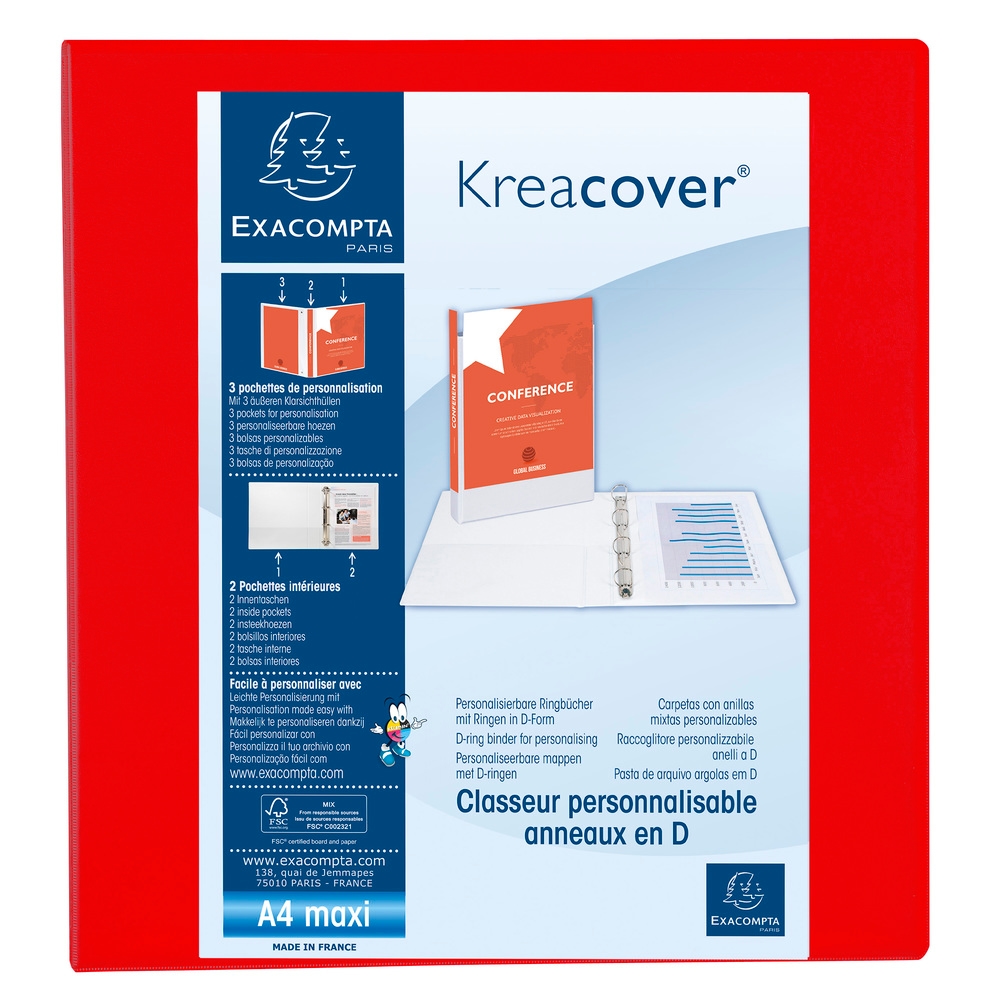 Exacompta Ringbuch aus festem PP 2,3mm, 4 Ringe 60mm, Rücken 90mm, 3 Außentaschen, 32x28,5cm für DIN A4 Maxi - Kreacover Image