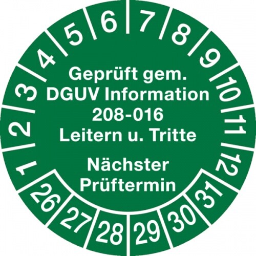König Werbeanlagen Prüfplakette ab 26, DGUV Information 208-016 Nächster Prüftermin, grün/weiß, Ø 30 mm - Bogen = 10 Stk. - 30 mm Folie selbstklebend Image