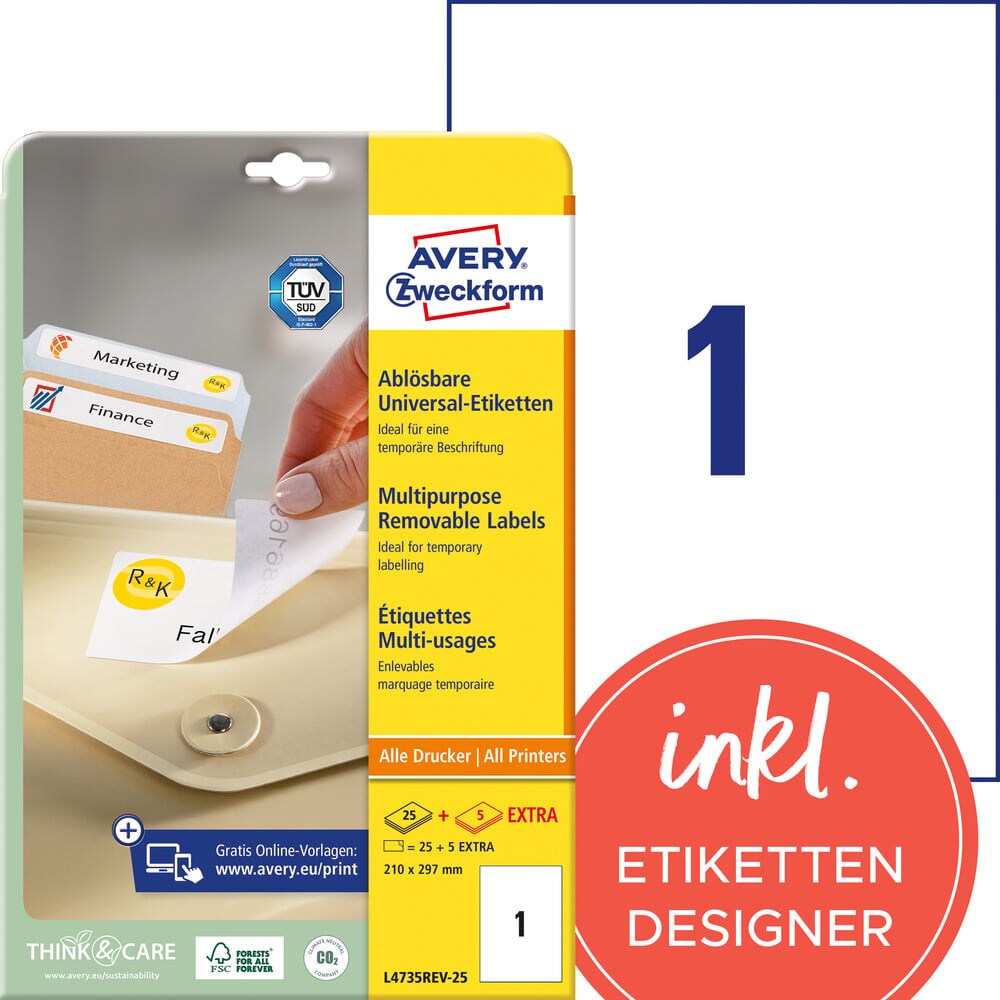 Avery Zweckform L4735REV-25 Universal-Etiketten, ablösbar, A4, 210 x 297 mm, 30 Bogen/30 Etiketten, weiß Image