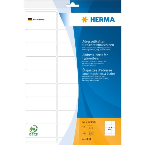 HERMA Adressetiketten für Schreibmaschinen 67 x 30 mm, 540 Etiketten, weiß, permanent haftend, 27 Stück/Blatt, DIN A4 Image