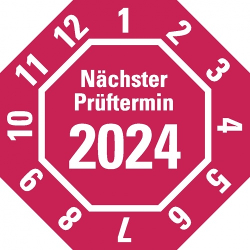 Aufkleber I Prüfplakette Nächster Prüftermin 2024, 8-eckig, rot, Dokumentenfolie, 30x30mm, 18/Bogen Image