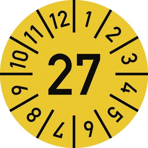 Dreifke® Prüfplakette Jahr 27 mit Monaten, gelb, Dokumentenfolie, Ø 10 mm, 10 St./Bo. Image