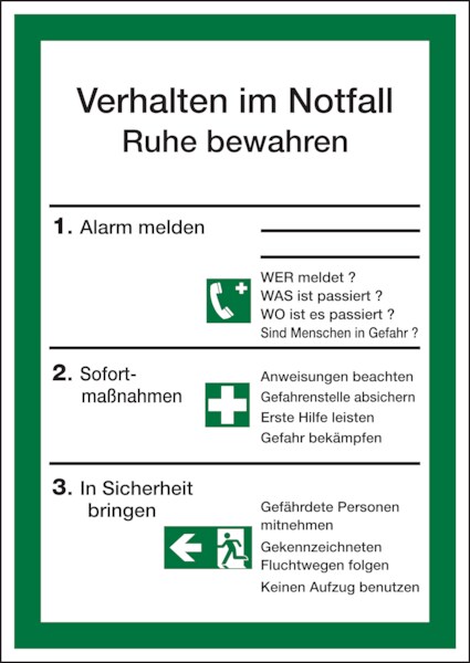Aushang, Verhalten im Notfall - ISO 7010 - 210x297x1.5 mm Kunststoff nachleuchtend Image
