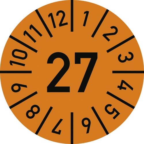Dreifke® Prüfplakette Jahr 27 mit Monaten, orange, Folie, Ø 15 mm, 10 St./Bo. Image