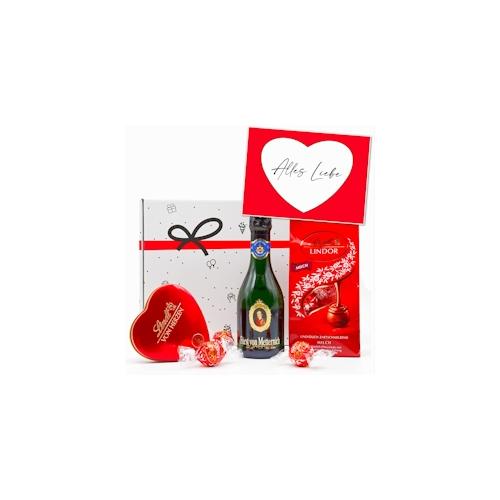 „Geschenkset „“von Herzen““ | Geschenkkorb gefüllt mit Lindt Pralinen, Schokolade, Sekt & Grußkarte“