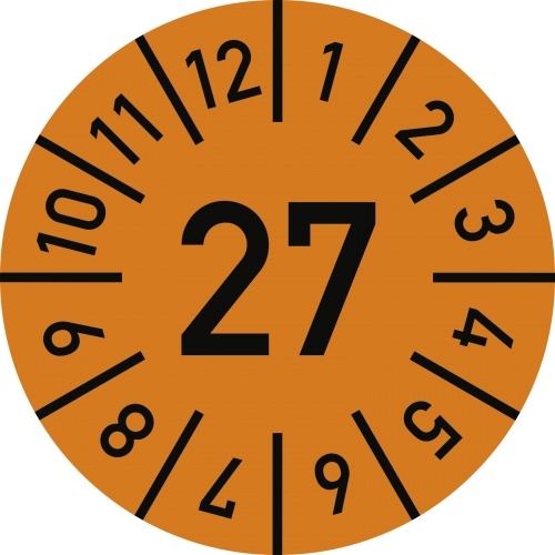 Dreifke® Prüfplakette Jahr 27 mit Monaten, orange, Dokumentenfolie, Ø 20 mm, 10 St./Bo. Image