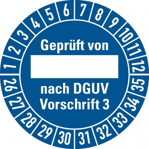 König Werbeanlagen Prüfplakette ab 26, Geprüft von _____ nach DGUV Vorschrift 3, blau/weiß, Ø 30mm - Bogen = 10 Plaketten - 30 mm Dokumentenfolie selbstklebend Image