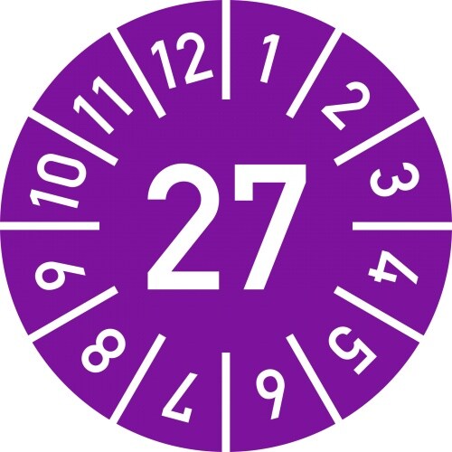 Dreifke® Prüfplakette Jahr 27 mit Monaten, violett, Dokumentenfolie, Ø 25 mm, 10 St./Bo. Image