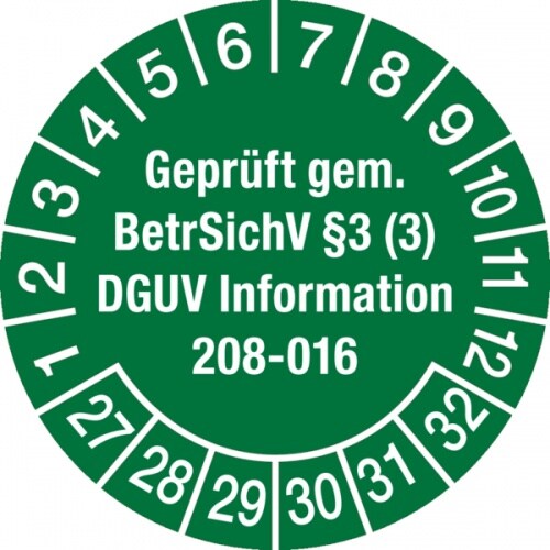 König Werbeanlagen Prüfplakette ab 27, Geprüft gem. BetrSichV § 3 (3) DGUV Information 208-016 Ø 30mm - Bogen = 10 Plaketten - 30 mm Folie selbstklebend Image
