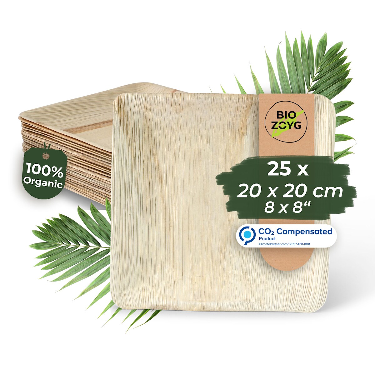 BIOZOYG 25 Stück Einwegteller 20x20cm Palmblatt-Teller, quadratisch, biologisch abbaubar, umweltfreundlich, kompostierbar, Wegwerfteller Image