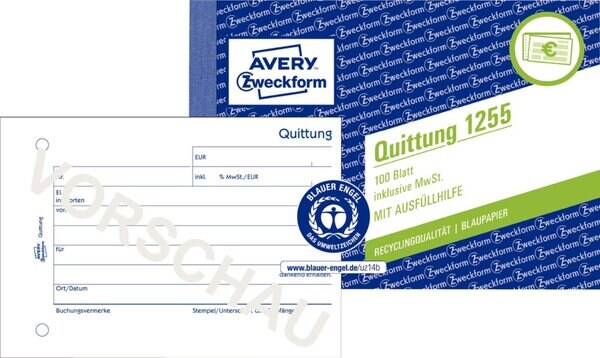 Avery Zweckform Quittung mit Mwst., Recycling, A6 quer, mit Mikroperforation, alle Blätter gelocht, 100 Blatt Image