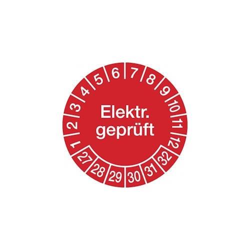 König Werbeanlagen Prüfplakette ab 27, Elektr. geprüft ab 27, rot/weiß, Ø 20/30 mm - Bogen = 10 Plaketten - 30 mm Dokumentenfolie selbstklebend