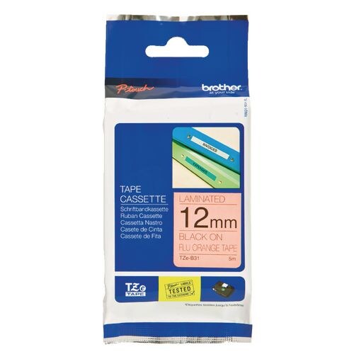 Brother TZe-B31 Authentic Floureszierend Schriftband Selbstklebend Schwarzer Druck auf Orange 12 mm x 5m Image
