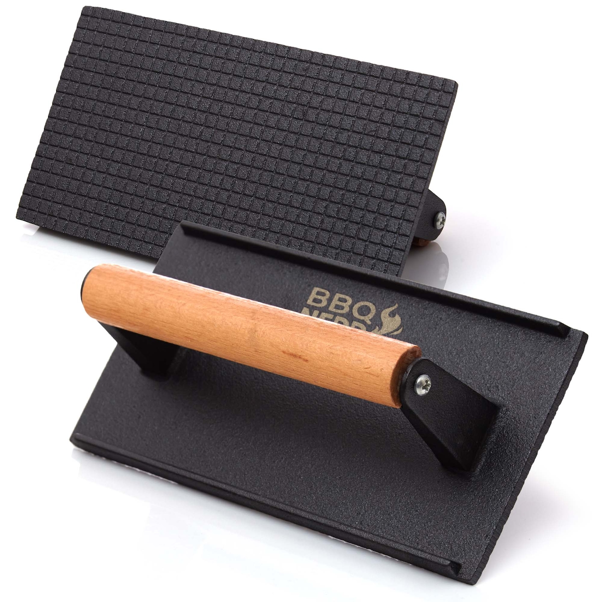 BBQ-Nerd® Fleischpresse aus Gusseisen mit Holzgriff - 18 cm rund ? Fleischbeschwerer Burgereisen Grillpresse ? Grillgewicht für BBQ Fleisch Image