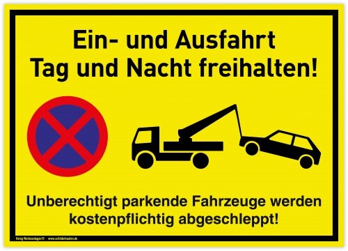 Großes Schild Ein- und Ausfahrt | PVC 42x30 cm | Tag und Nacht freihalten Unberechtigt parkende Fahrzeuge werden kostenpflichtig abgeschleppt | gelb Image