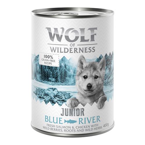 24 x 400 g Junior Huhn und Lachs Wolf of Wilderness getreidefreies Hundefutter nass