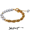Yhpup-Bracelet de Poignet en Métal avec Perles Grises Naturelles Bijoux Dorés de Haute Qualité