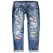 Tooayk Women s Pants Jeans for Women Womens Baseball Print Distressed Mid Rise Straight Jeans Womens Jeans Blue XL