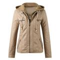 iOPQO Winter Coats for Women Women s Belt Collar Leather Slim Suit Stand Coat Leather Jacket Crop Tops Womens Fall Fashion 2023 Khaki XXL