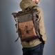 Waxed Canvas Leather Backpack. Customizable Laptop Rucksack. Commuter Backpack With Roll Top Closure. Mens Travel Khaki