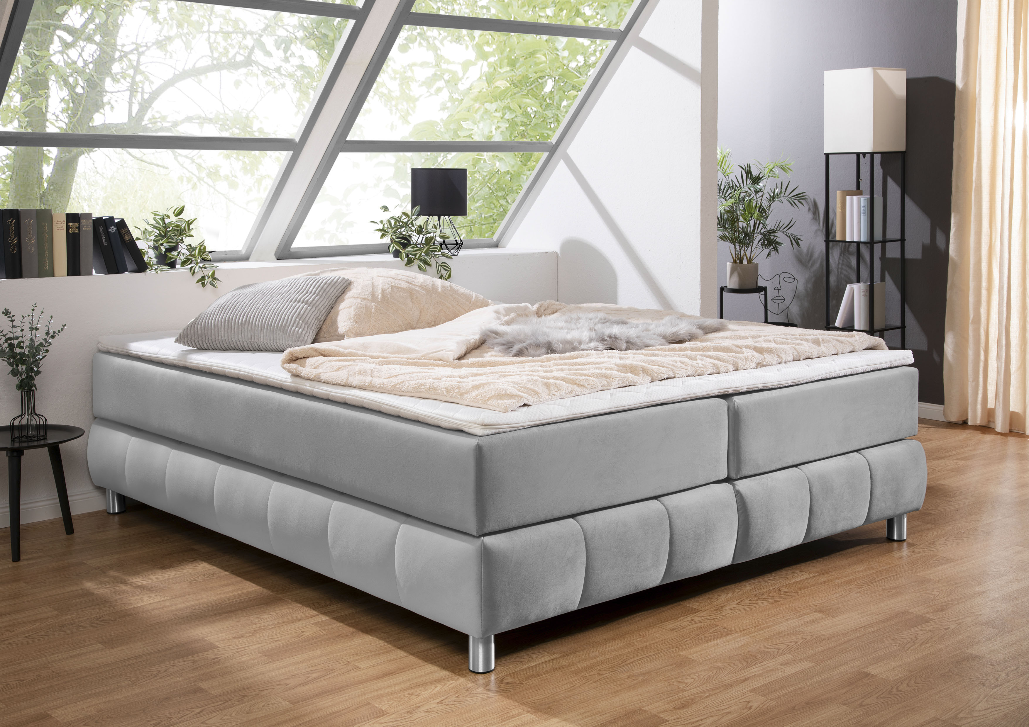 Boxspringbett ANDAS "Salo", grau (hellgrau), B:206cm L:226cm, Komplettbetten, Boxspringbett, Ohne Kopfteil, inkl. Topper, auch in Überlänge 220 cm Image