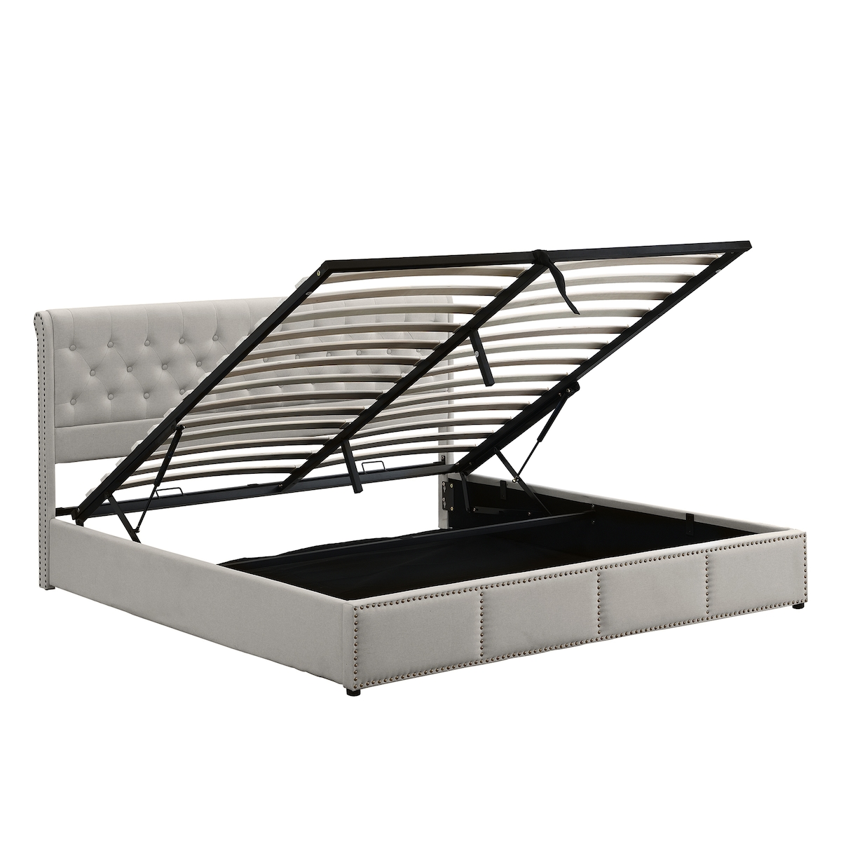 Merax Hydraulisches Polsterbett 140x200 Stauraumbett Doppelbett aus Baumwolle-Leinen mit Nietenverzierung & Lattenrost Hellgrau Image