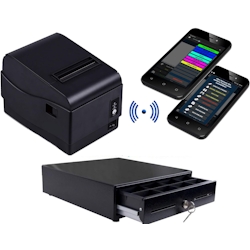 „Handy MINI-Kasse für Gastronomie: 2×5″“ Kassenterminal, Bondrucker, Kassenlade“