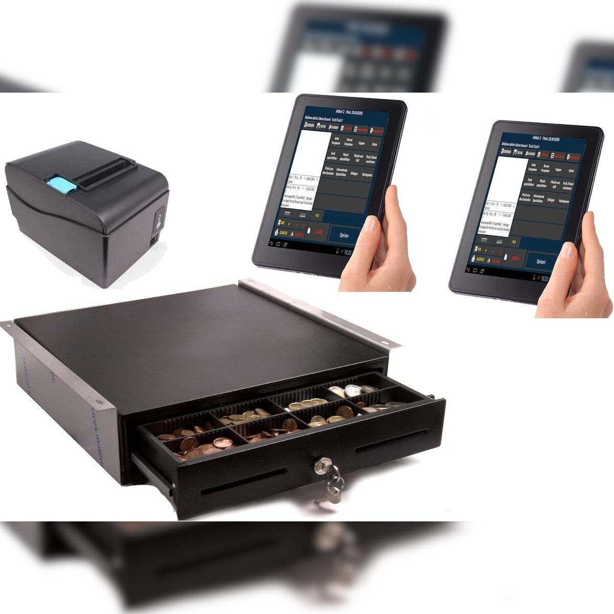 Mobiles Kassensystem für GASTRONOMIE: 2 x 7" Bedienerterminal, Bondrucker, Geldlade mit Montagehalterung Image