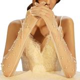 1 Pair Temperamental Bridal Gloves Wedding Beading Stretch Yarn Gloves Elegant Bridal Dress Gloves Wedding Supplies (White)