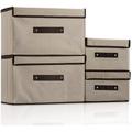 Casewin Set of 4 Foldable Storage Boxes with Lids Beige Fabric Storage Bins Organiser Sturdy Cubes Storage Basket with Handle for Organizing Wardrobe Closet Office