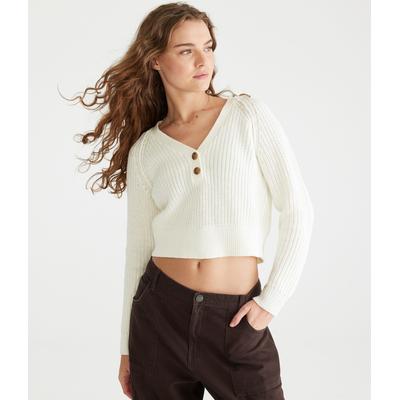 Aeropostale Womens' Ribbed Cropped V-Neck Henley Sweater - White - Size XXL - Cotton