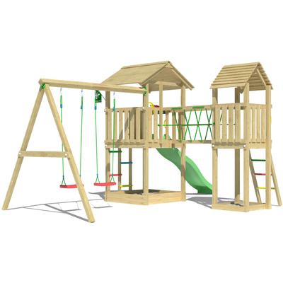 Spielturm JUNGLE GYM "Nova", grün (hellgrün), Spieltürme, KinderB:524cm H:280cm T:350cm, Holzwerkstoff, Spielanlage mit 2 Türmen, Schaukel und Rutsche mit Wasseranschluss, B:524cm H:280cm T:350cm