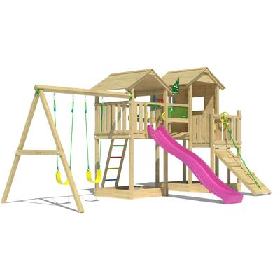 Spielturm JUNGLE GYM "Stronghold", pink (fuchsia), Spieltürme, KinderB:394cm H:310cm T:626cm, Holzwerkstoff, Spielanlage mit 2 Türmen, Schaukel und Rutsche mit Wasseranschluss, B:394cm H:310cm T:626cm