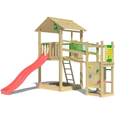 Spielturm JUNGLE GYM "Fortress", rot, Spieltürme, KinderB:373cm H:318cm T:397cm, Holzwerkstoff, Spielanlage mit 2 Türmen, Brücke und Rutsche mit Wasseranschluss, B:373cm H:318cm T:397cm