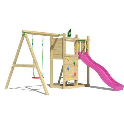 Spielturm JUNGLE GYM "Deck", pink (fuchsia), Spieltürme, KinderB:296cm H:232cm T:342cm, Holzwerkstoff, Spielanlage mit Schaukel und Rutsche mit Wasseranschluss, B:296cm H:232cm T:342cm