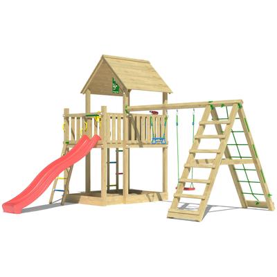 Spielturm JUNGLE GYM "Majesty", rot, Spieltürme, KinderB:435cm H:349cm T:452cm, Holzwerkstoff, Spielanlage mit Schaukel, Kletterbock und Rutsche mit Wasseranschluss, B:435cm H:349cm T:452cm