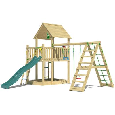 Spielturm JUNGLE GYM "Majesty", grün (dunkelgrün), Spieltürme, KinderB:435cm H:349cm T:452cm, Holzwerkstoff, Spielanlage mit Schaukel, Kletterbock und Rutsche mit Wasseranschluss, B:435cm H:349cm T:452cm