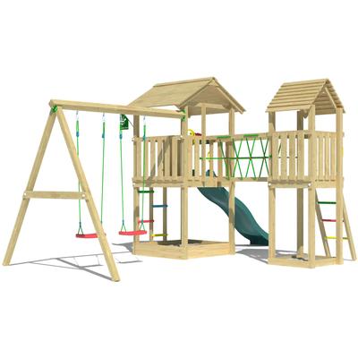 Spielturm JUNGLE GYM "Nova", grün (dunkelgrün), Spieltürme, KinderB:524cm H:280cm T:350cm, Holzwerkstoff, Spielanlage mit 2 Türmen, Schaukel und Rutsche mit Wasseranschluss, B:524cm H:280cm T:350cm