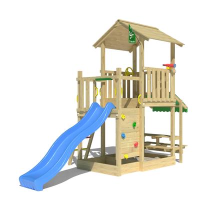 Spielturm JUNGLE GYM "Keep", blau, Spieltürme, KinderB:419cm H:307cm T:181cm, Holzwerkstoff, Spielanlage mit Mini Market und Rutsche mit Wasseranschluss, B:419cm H:307cm T:181cm