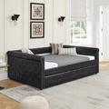Winston Porter PU Leather Daybed w/ Trundle Sofa Bed, w/ Button & Copper Nail Upholstered/Faux leather in Black | 30.5 H x 42 W x 85.5 D in | Wayfair