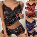 Women's Two Piece Lace Love Heart Lips Dot Kawaii Print 2022V Neck Silk Fashion Comfortable Pajamas